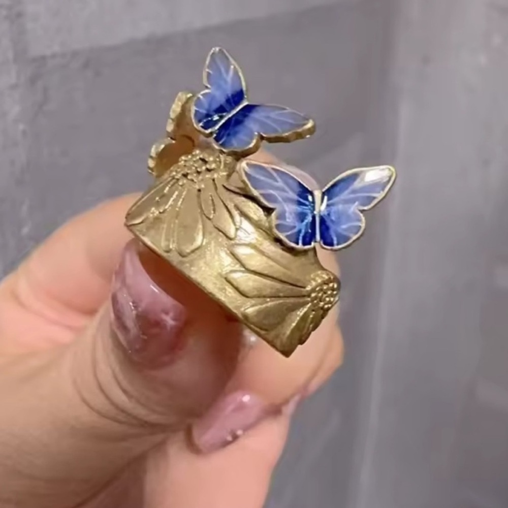 Celestial Antique Blue Butterfly Floral  Ring